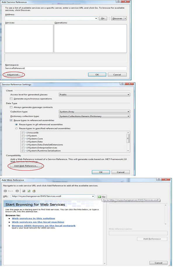 Figure 1. Adding a web reference to the exchange services.