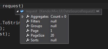 Figure 1: Kendo UI DataSourceRequest Without Custom Model Binder (Autocomplete Fail)